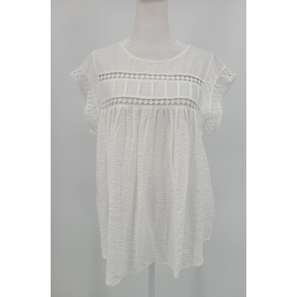 Cottagecore Renaissance Women Top Sz M Sheer Boho Crochet‎ Eyelet Flowy Ivory